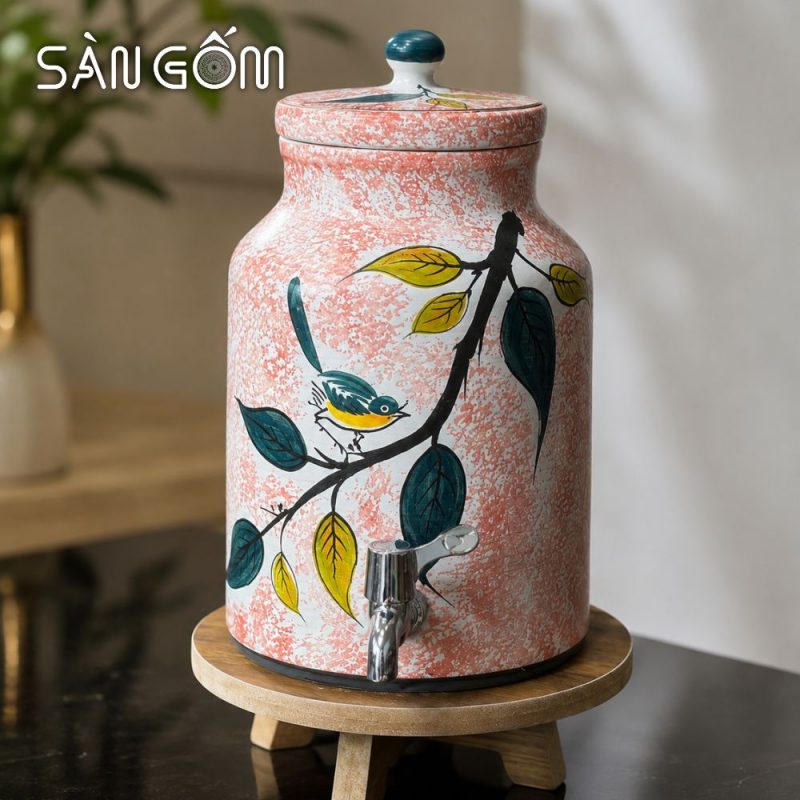 Bộ bình nước gốm dáng trụ men hồng họa tiết Diệp Điểu vẽ tay SG-BBN44 - Ảnh 3