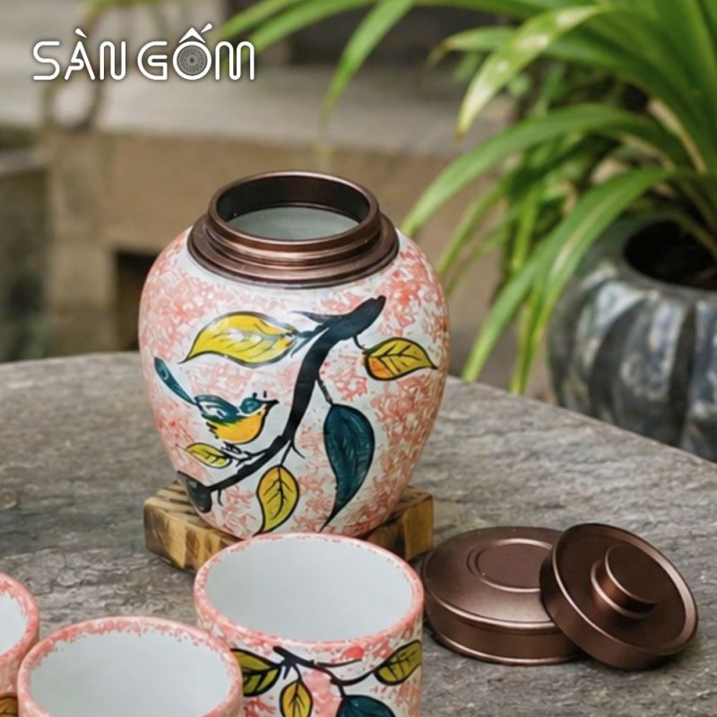 Bộ bình nước gốm dáng trụ men hồng họa tiết Diệp Điểu vẽ tay SG-BBN44 - Ảnh 5