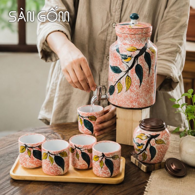 Bộ bình nước gốm dáng trụ men hồng họa tiết Diệp Điểu vẽ tay SG-BBN44 - Ảnh 8