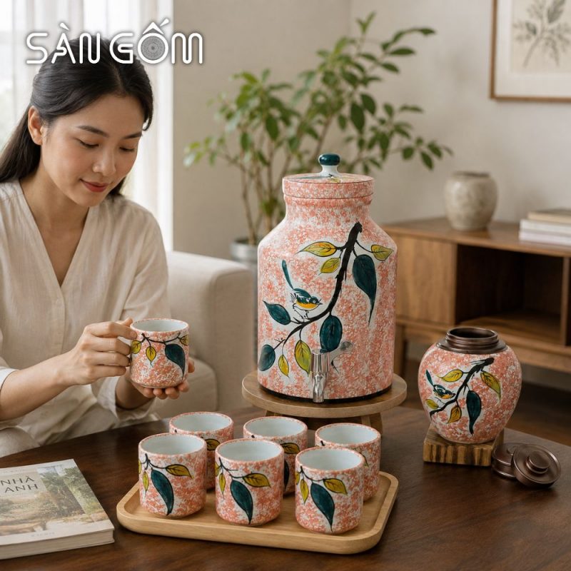 Bộ bình nước gốm dáng trụ men hồng họa tiết Diệp Điểu vẽ tay SG-BBN44 - Ảnh 7