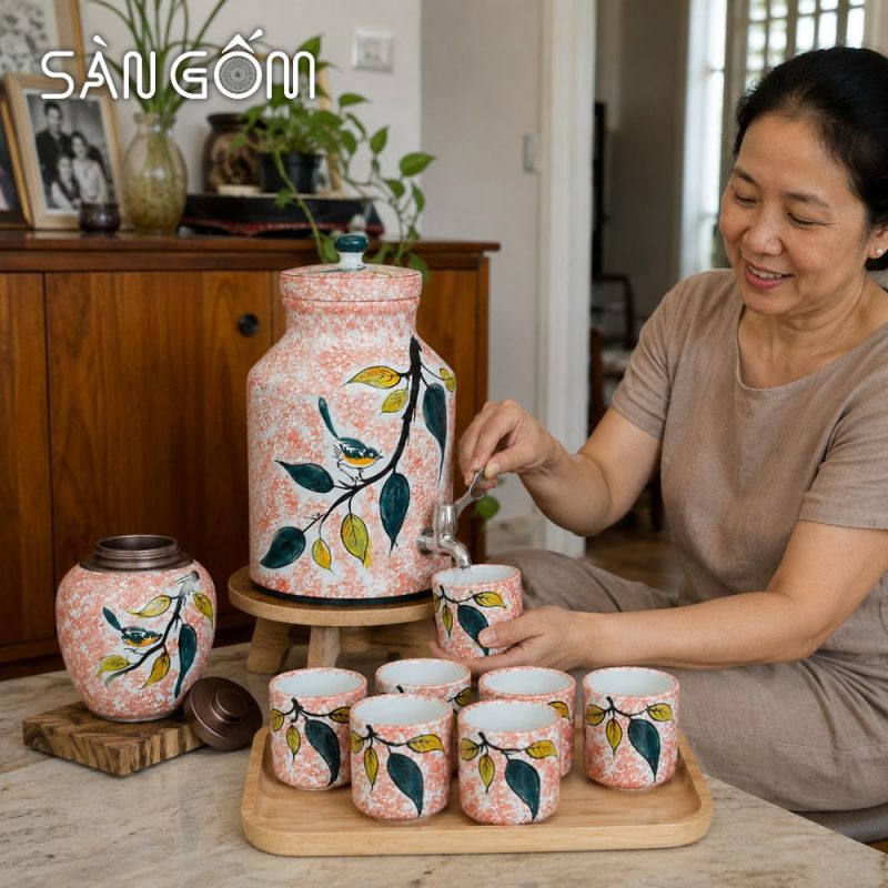 Bộ bình nước gốm dáng trụ men hồng họa tiết Diệp Điểu vẽ tay SG-BBN44 - Ảnh 6