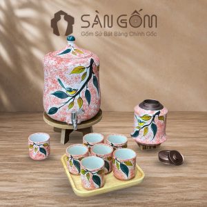 Bộ bình nước gốm sứ dáng đu đủ men hồng vẽ Diệp Điểu SG-BBN41