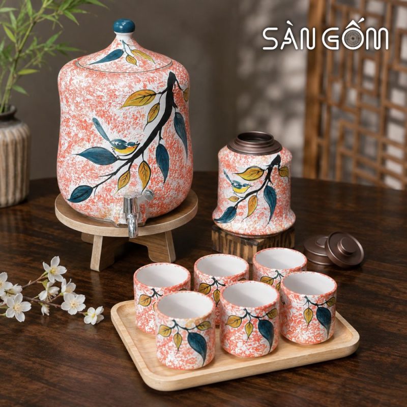 Bộ bình nước gốm sứ dáng đu đủ men hồng vẽ Diệp Điểu SG-BBN41 - Ảnh 2