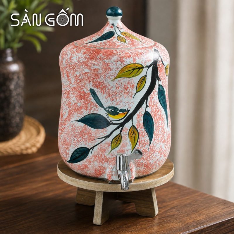 Bộ bình nước gốm sứ dáng đu đủ men hồng vẽ Diệp Điểu SG-BBN41 - Ảnh 3