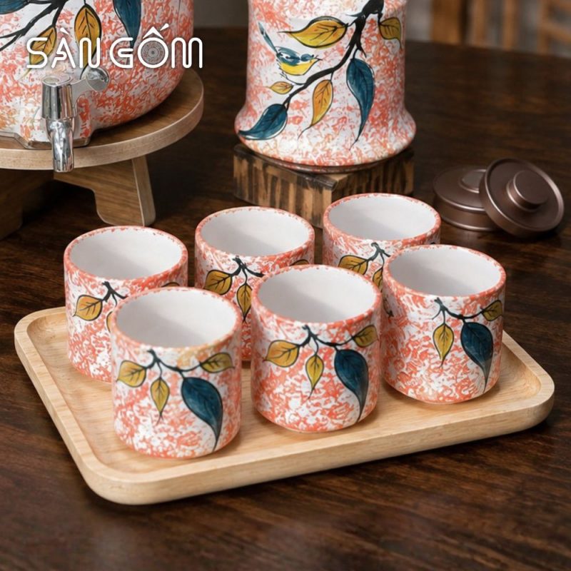Bộ bình nước gốm sứ dáng đu đủ men hồng vẽ Diệp Điểu SG-BBN41 - Ảnh 4