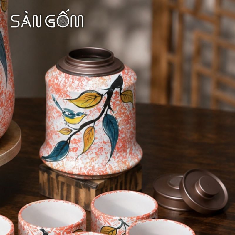 Bộ bình nước gốm sứ dáng đu đủ men hồng vẽ Diệp Điểu SG-BBN41 - Ảnh 5