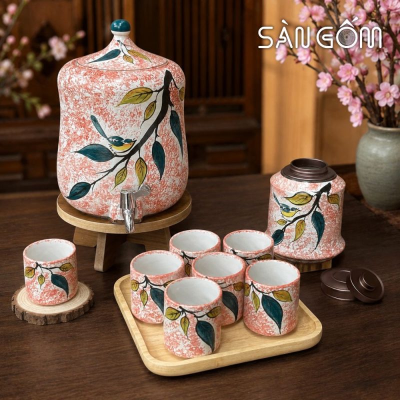 Bộ bình nước gốm sứ dáng đu đủ men hồng vẽ Diệp Điểu SG-BBN41 - Ảnh 8