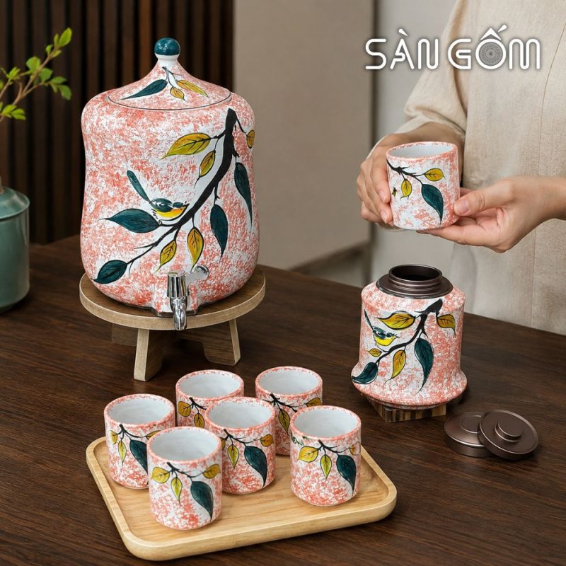 Bộ bình nước gốm sứ dáng đu đủ men hồng vẽ Diệp Điểu SG-BBN41 - Ảnh 7
