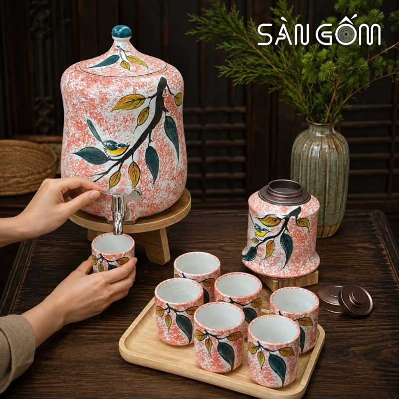 Bộ bình nước gốm sứ dáng đu đủ men hồng vẽ Diệp Điểu SG-BBN41 - Ảnh 6