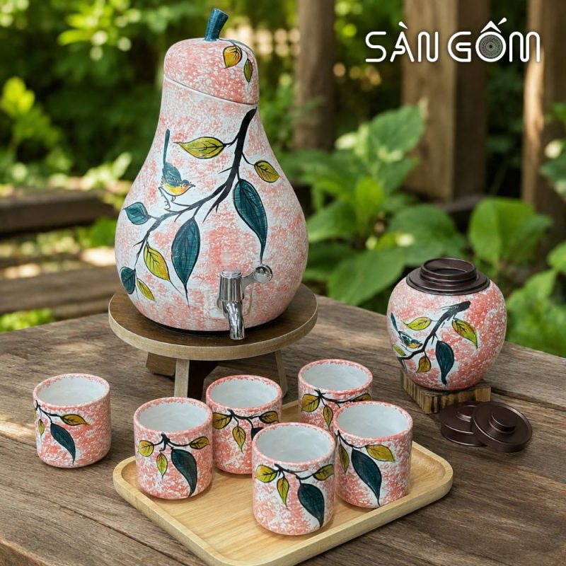 Bộ bình nước gốm sứ dáng quả lê men hồng vẽ Diệp Điểu SG-BBN42 - Ảnh 2
