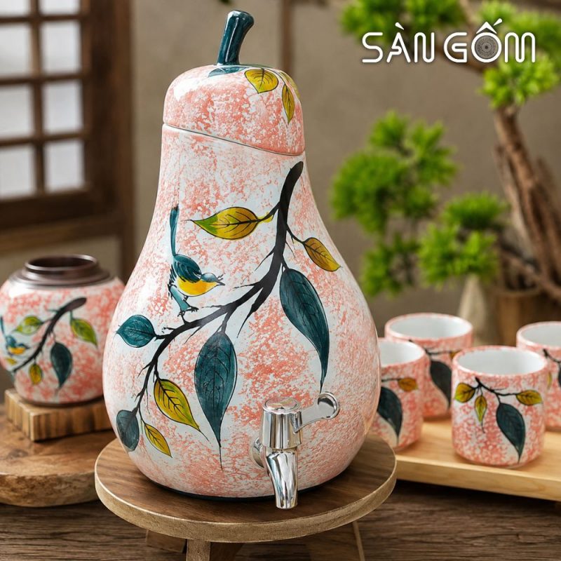 Bộ bình nước gốm sứ dáng quả lê men hồng vẽ Diệp Điểu SG-BBN42 - Ảnh 3