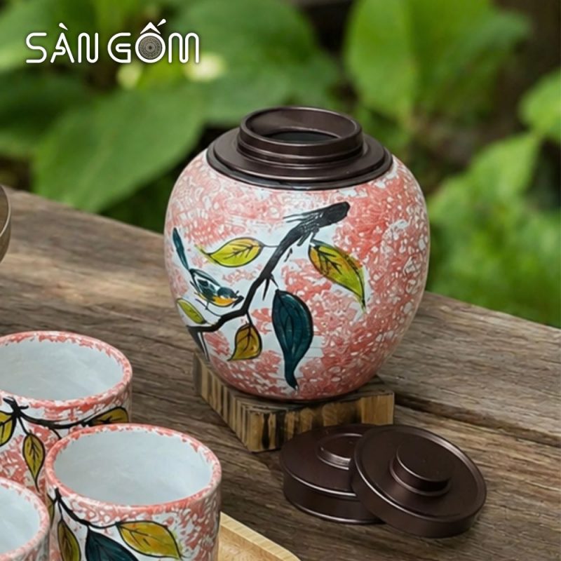 Bộ bình nước gốm sứ dáng quả lê men hồng vẽ Diệp Điểu SG-BBN42 - Ảnh 5