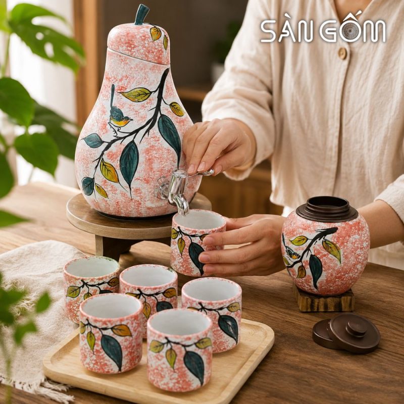 Bộ bình nước gốm sứ dáng quả lê men hồng vẽ Diệp Điểu SG-BBN42 - Ảnh 6