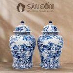 Cặp chóe Bát Tràng men lam họa tiết Đồng Tử Hý Xuân vẽ tay SG-CT09
