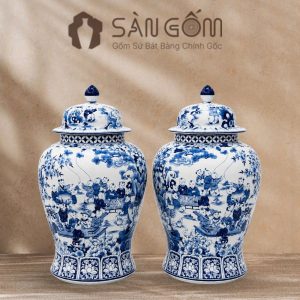 Cặp chóe Bát Tràng men lam họa tiết Đồng Tử Hý Xuân vẽ tay SG-CT09