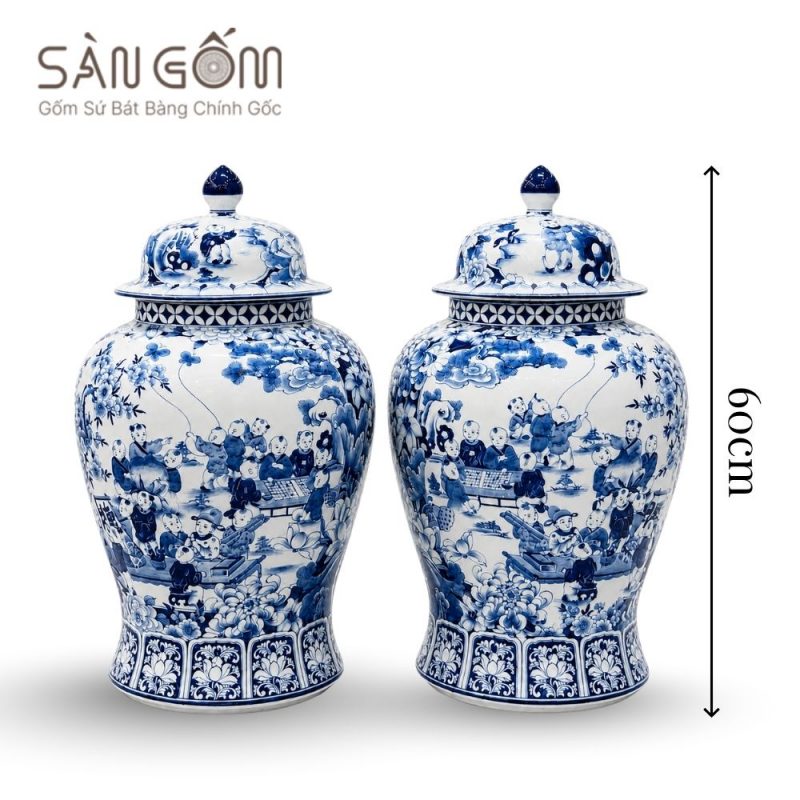 Cặp chóe Bát Tràng men lam họa tiết Đồng Tử Hý Xuân vẽ tay SG-CT09 - Ảnh 3