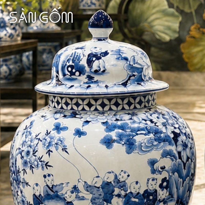 Cặp chóe Bát Tràng men lam họa tiết Đồng Tử Hý Xuân vẽ tay SG-CT09 - Ảnh 4