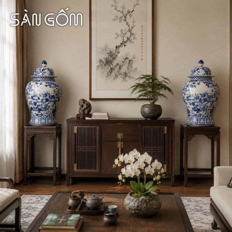 Cặp chóe Bát Tràng men lam họa tiết Đồng Tử Hý Xuân vẽ tay SG-CT09 - Ảnh 8