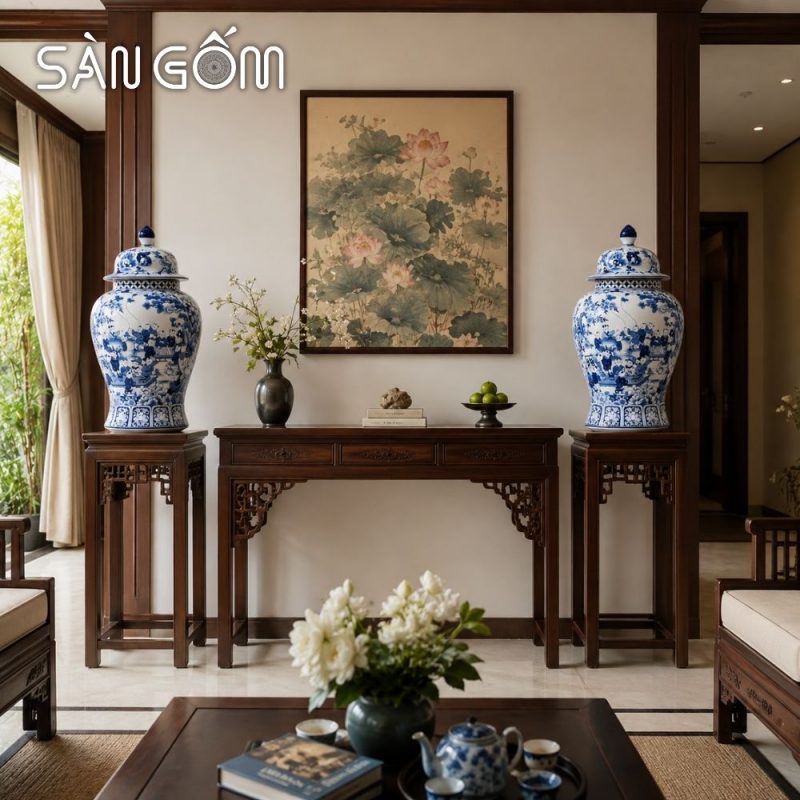 Cặp chóe Bát Tràng men lam họa tiết Đồng Tử Hý Xuân vẽ tay SG-CT09 - Ảnh 7