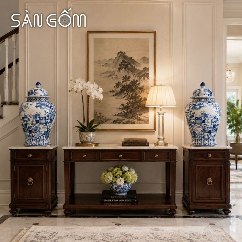 Cặp chóe Bát Tràng men lam họa tiết Đồng Tử Hý Xuân vẽ tay SG-CT09 - Ảnh 6