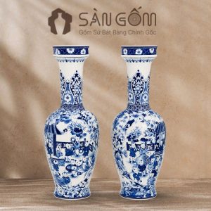 Cặp lộc bình Bát Tràng men lam vẽ Bách Nhi Bách Phúc 60cm SG-LB13