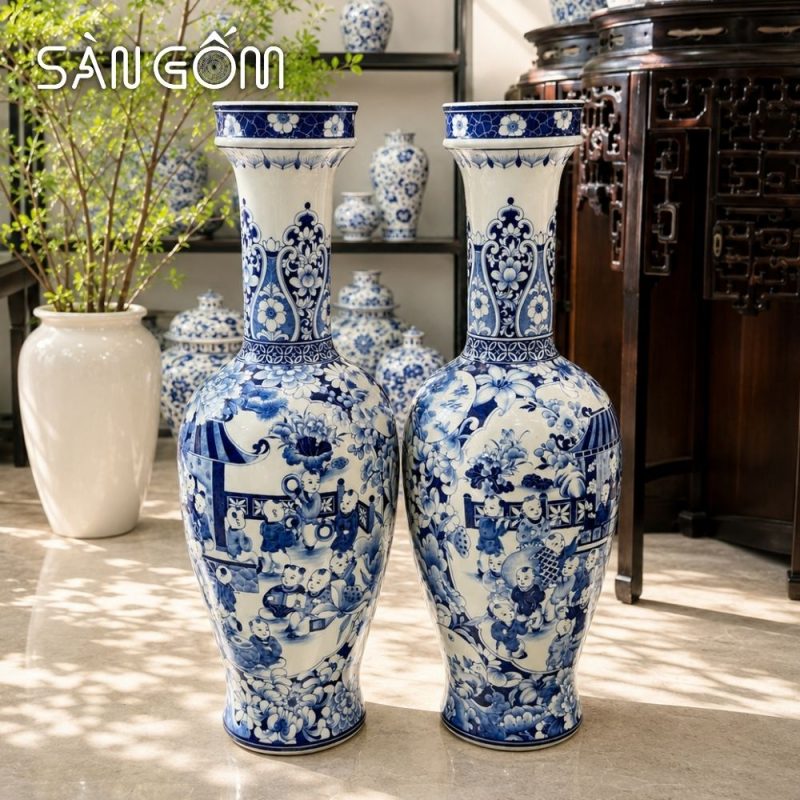 Cặp lộc bình Bát Tràng men lam vẽ Bách Nhi Bách Phúc 60cm SG-LB13 - Ảnh 2
