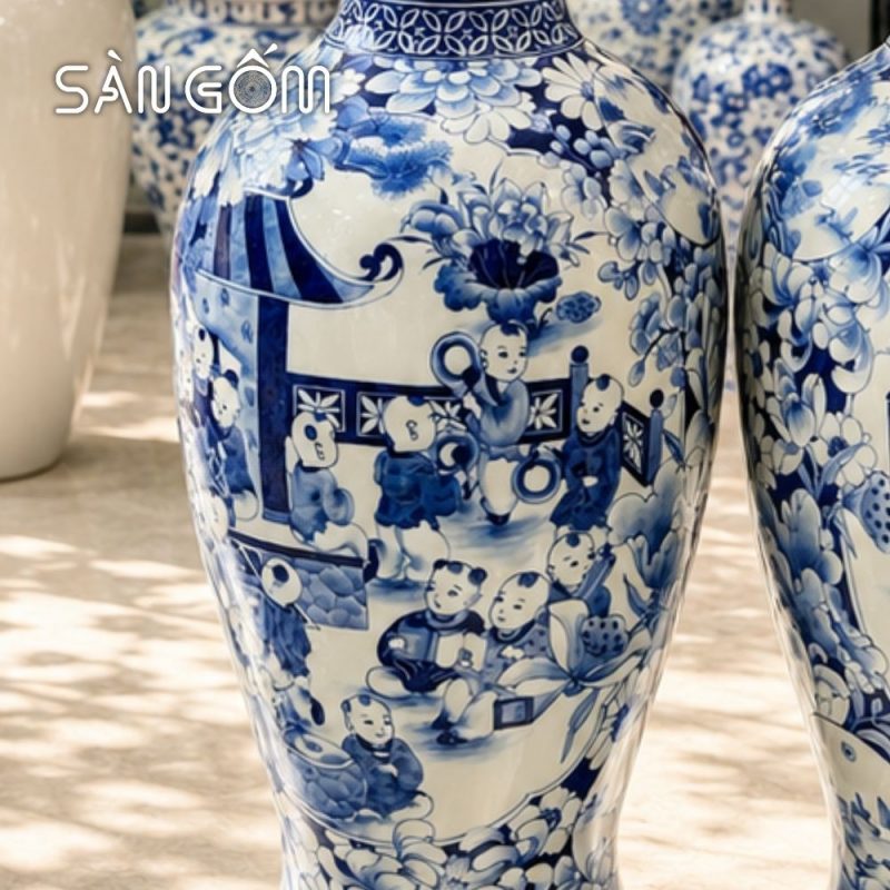 Cặp lộc bình Bát Tràng men lam vẽ Bách Nhi Bách Phúc 60cm SG-LB13 - Ảnh 5