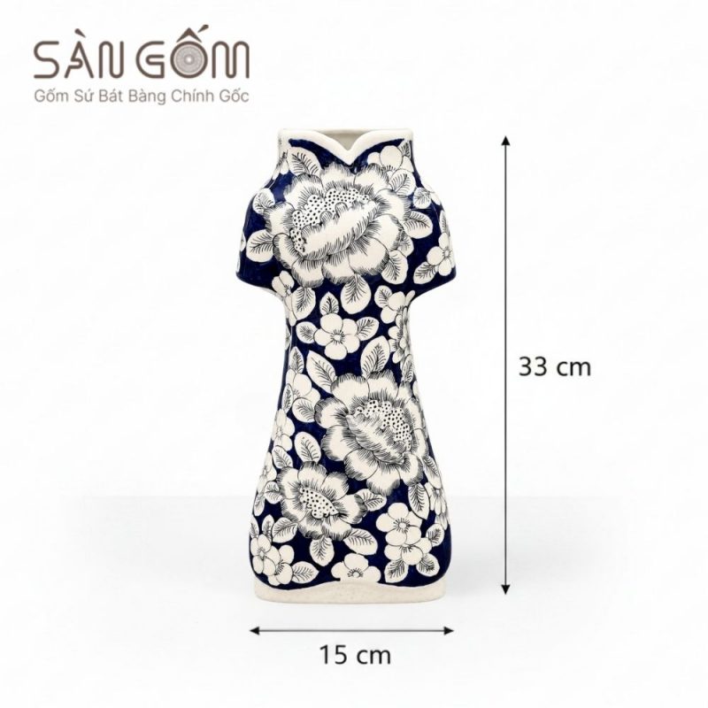 Lọ cắm hoa dáng áo dài men lam cổ vẽ hoa mẫu đơn đại đóa SG-LH462 - Ảnh 3