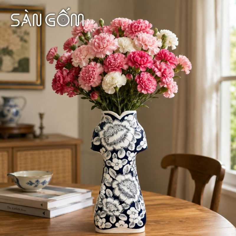 Lọ cắm hoa dáng áo dài men lam cổ vẽ hoa mẫu đơn đại đóa SG-LH462 - Ảnh 9
