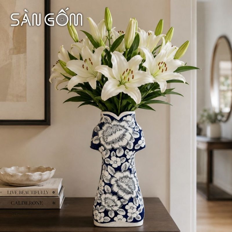 Lọ cắm hoa dáng áo dài men lam cổ vẽ hoa mẫu đơn đại đóa SG-LH462 - Ảnh 8