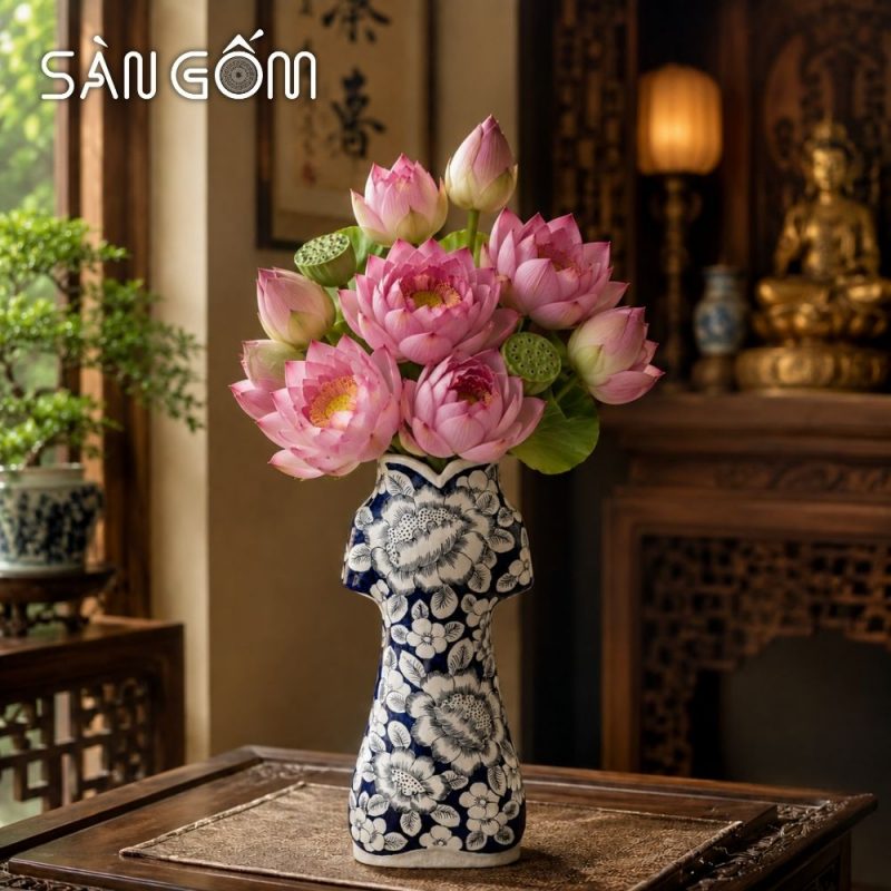 Lọ cắm hoa dáng áo dài men lam cổ vẽ hoa mẫu đơn đại đóa SG-LH462 - Ảnh 7