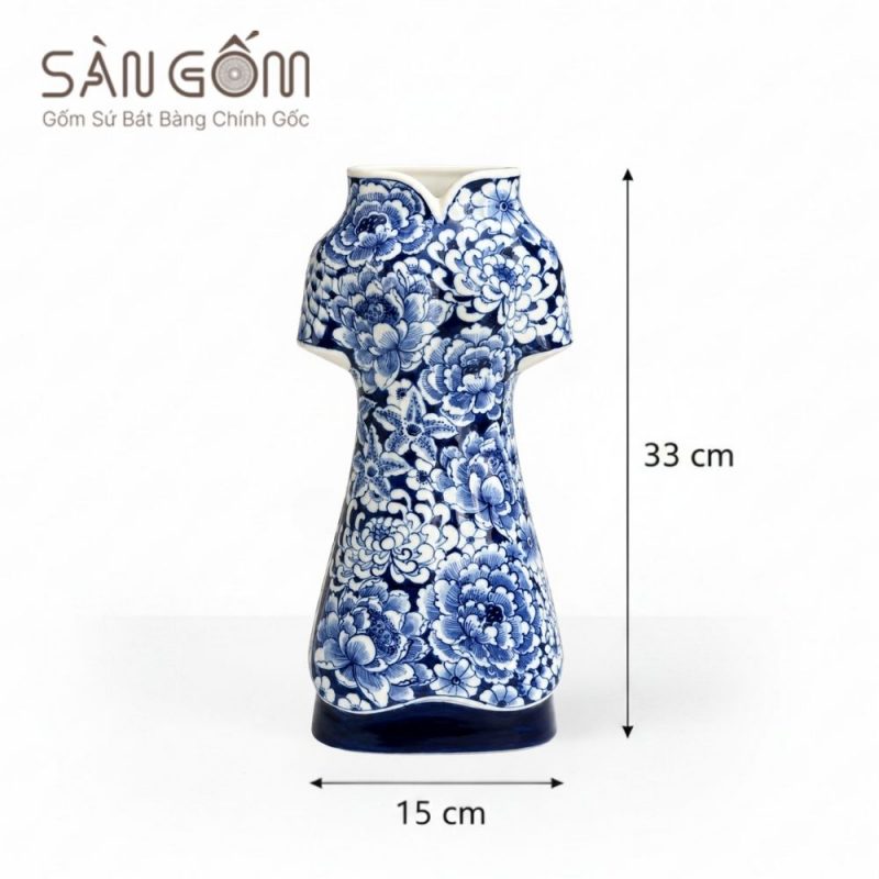 Lọ cắm hoa dáng áo dài vẽ hoa mẫu đơn đại đóa men lam SG-LH460 - Ảnh 3