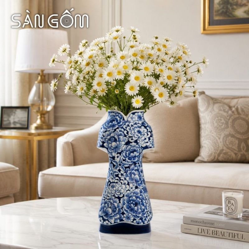 Lọ cắm hoa dáng áo dài vẽ hoa mẫu đơn đại đóa men lam SG-LH460 - Ảnh 7