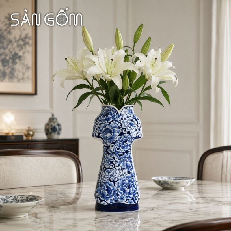Lọ cắm hoa dáng áo dài vẽ hoa mẫu đơn đại đóa men lam SG-LH460 - Ảnh 9