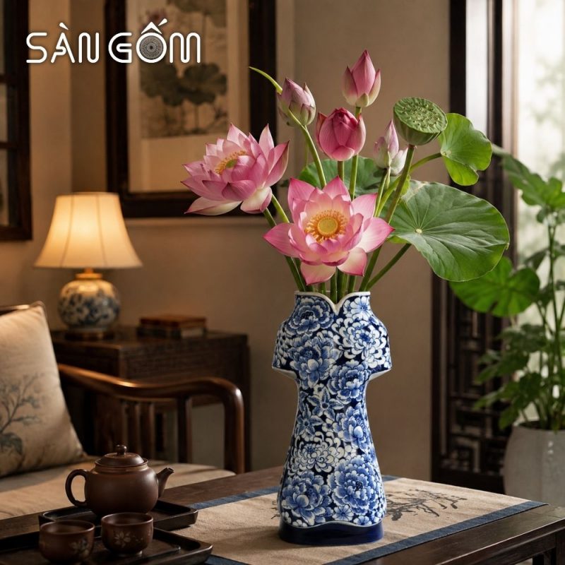 Lọ cắm hoa dáng áo dài vẽ hoa mẫu đơn đại đóa men lam SG-LH460 - Ảnh 8