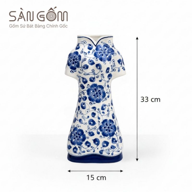 Lọ cắm hoa gốm sứ dáng áo dài men lam vẽ hoa dây cách điệu SG-LH461 - Ảnh 3