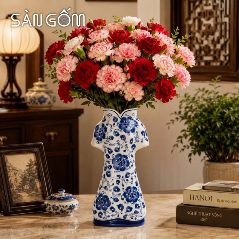 Lọ cắm hoa gốm sứ dáng áo dài men lam vẽ hoa dây cách điệu SG-LH461 - Ảnh 8