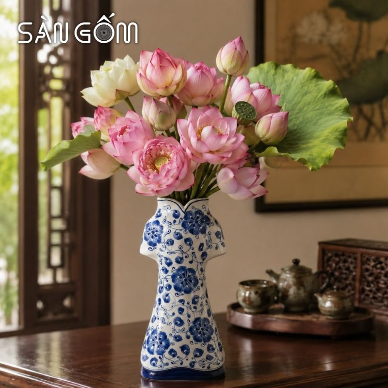 Lọ cắm hoa gốm sứ dáng áo dài men lam vẽ hoa dây cách điệu SG-LH461 - Ảnh 6
