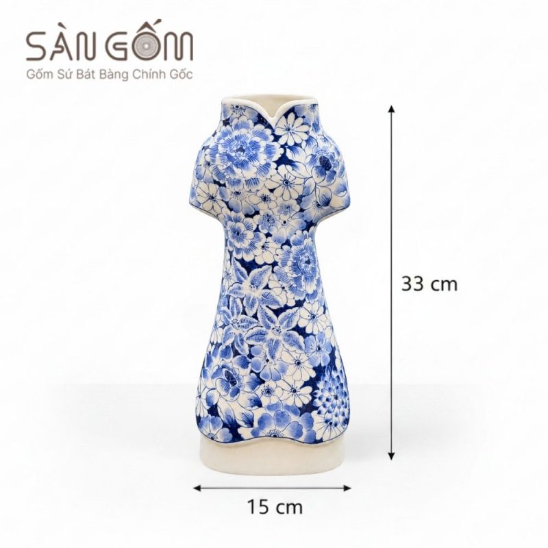 Lọ hoa Bát Tràng dáng áo dài men lam họa tiết ngàn hoa đan xen SG-LH457 - Ảnh 3