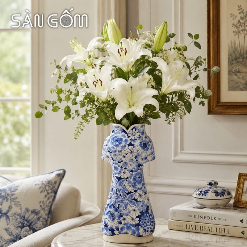 Lọ hoa Bát Tràng dáng áo dài men lam họa tiết ngàn hoa đan xen SG-LH457 - Ảnh 9