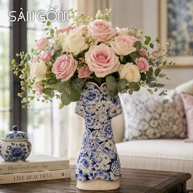 Lọ hoa Bát Tràng dáng áo dài men lam họa tiết ngàn hoa đan xen SG-LH457 - Ảnh 7