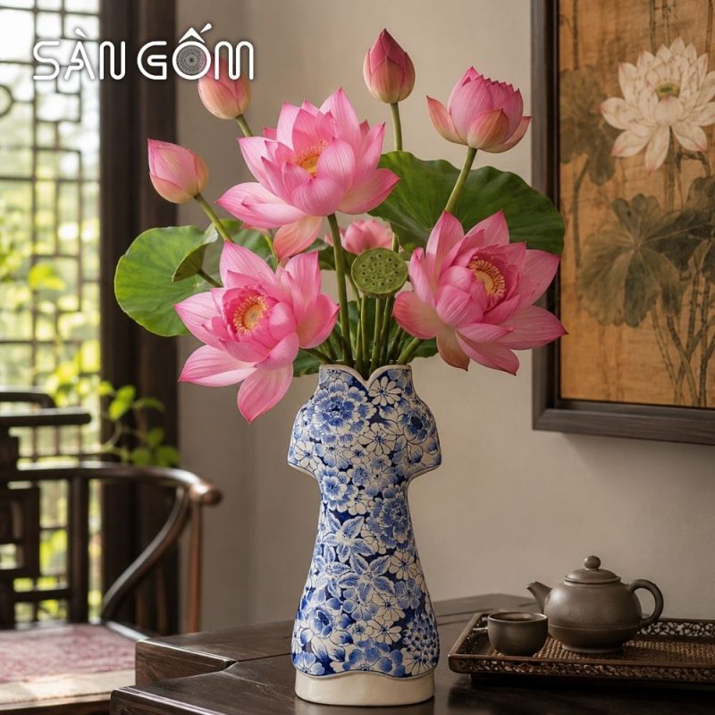 Lọ hoa Bát Tràng dáng áo dài men lam họa tiết ngàn hoa đan xen SG-LH457 - Ảnh 6