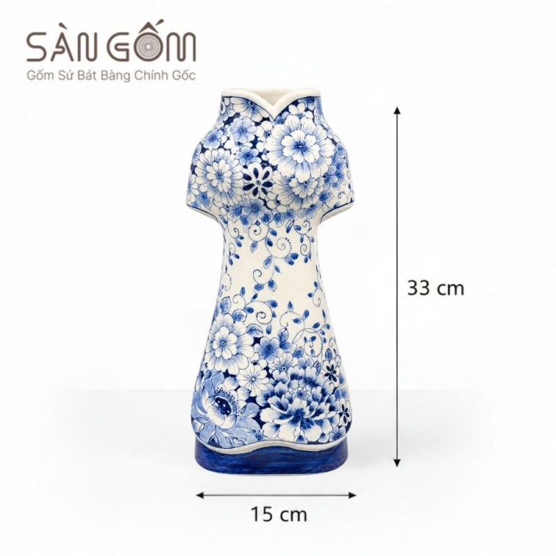 Lọ hoa dáng áo dài xanh lam họa tiết hoa dây cách điệu uốn lượn SG-LH455 - Ảnh 3