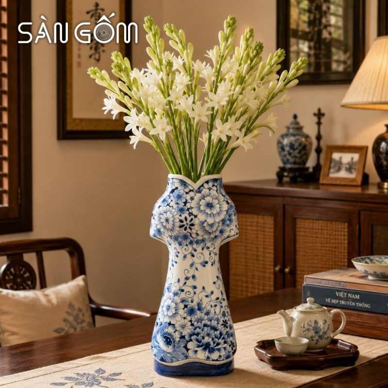 Lọ hoa dáng áo dài xanh lam họa tiết hoa dây cách điệu uốn lượn SG-LH455 - Ảnh 8