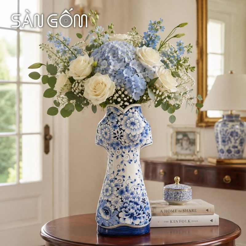 Lọ hoa dáng áo dài xanh lam họa tiết hoa dây cách điệu uốn lượn SG-LH455 - Ảnh 6