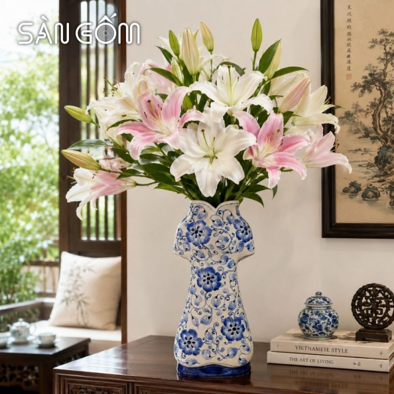 Lọ hoa gốm sứ dáng áo dài họa tiết ngàn hoa xanh lam SG-LH456 - Ảnh 9
