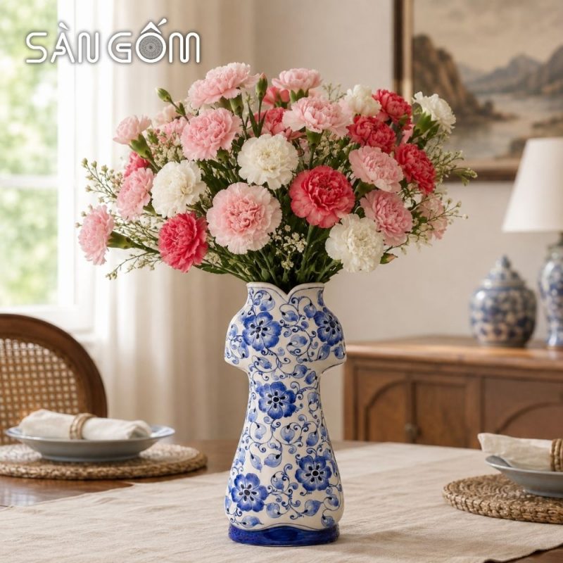 Lọ hoa gốm sứ dáng áo dài họa tiết ngàn hoa xanh lam SG-LH456 - Ảnh 8