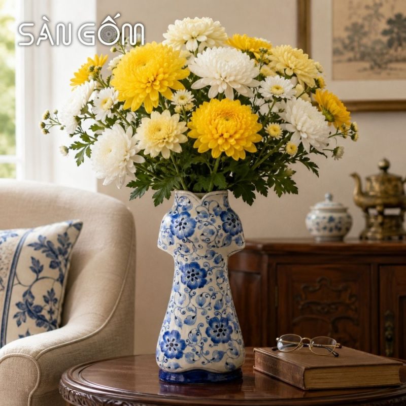 Lọ hoa gốm sứ dáng áo dài họa tiết ngàn hoa xanh lam SG-LH456 - Ảnh 7