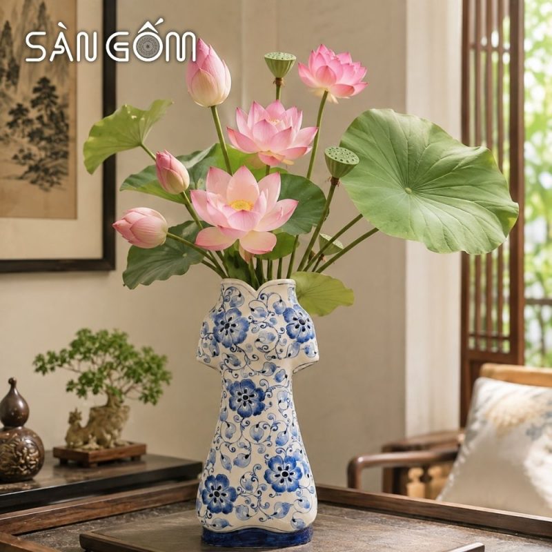 Lọ hoa gốm sứ dáng áo dài họa tiết ngàn hoa xanh lam SG-LH456 - Ảnh 6