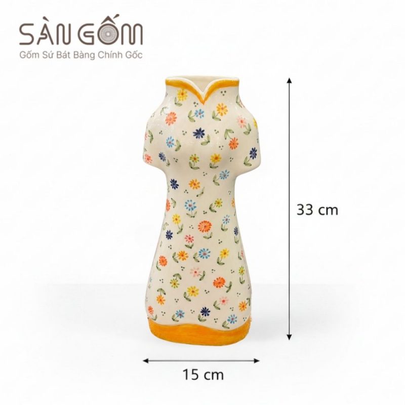 Lọ hoa gốm sứ dáng Áo Dài vẽ hoa nhí đa sắc men kem viền vàng SG-LH463 - Ảnh 3